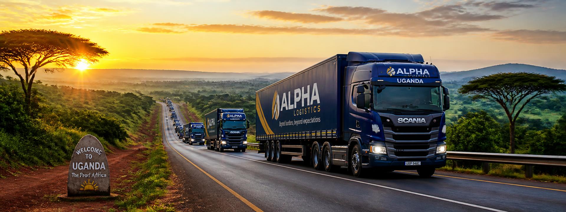 Convoy of EliteSource cargo trucks on a Ugandan highway at sunrise